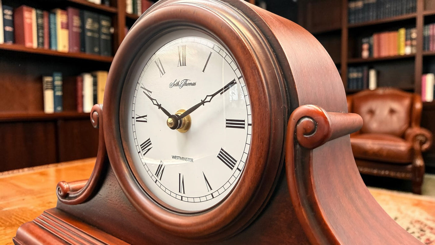 Seth Thomas Westminster Chime Mantel Clock – Pristine Tambour Case – Classic Executive Desk Clock – Vintage