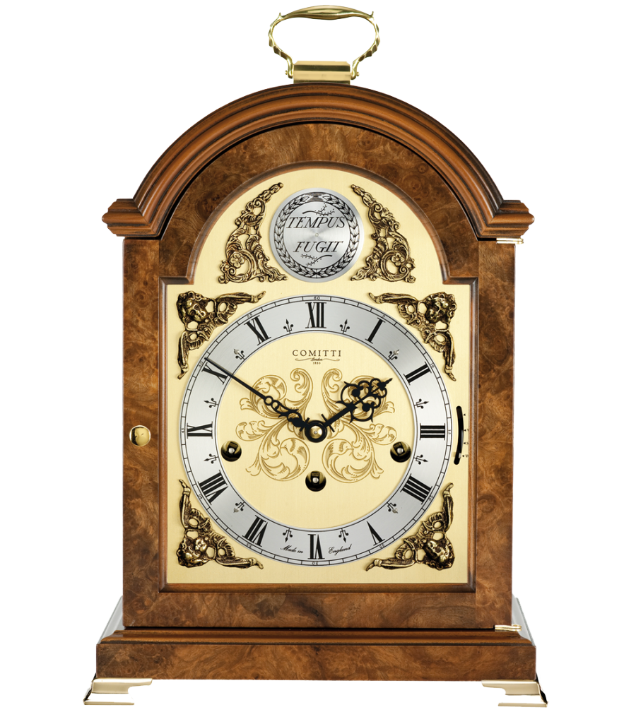 Comitti The Georgian Break-Arch Mantel Clock – Burr Walnut – front view