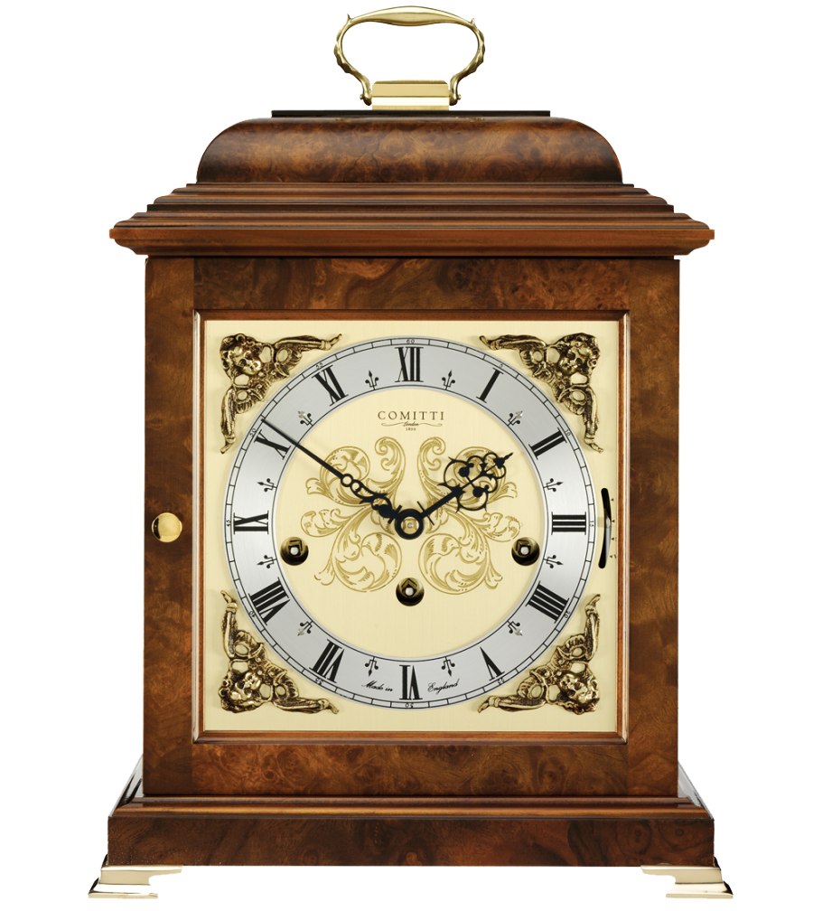 Comitti The Georgian Basket-Top Mantel Clock – Burr Walnut – front view