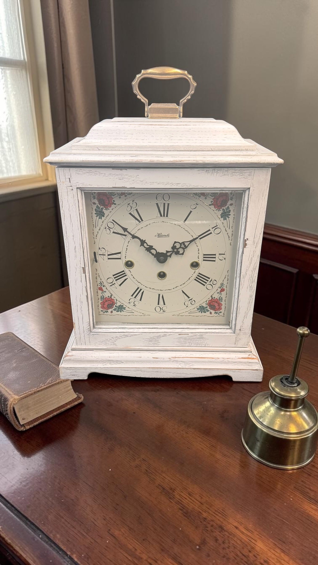 Hermle Austen Mantel Clock – German Mechanical Westminster Chime – Distressed White Farmhouse Shelf Clock