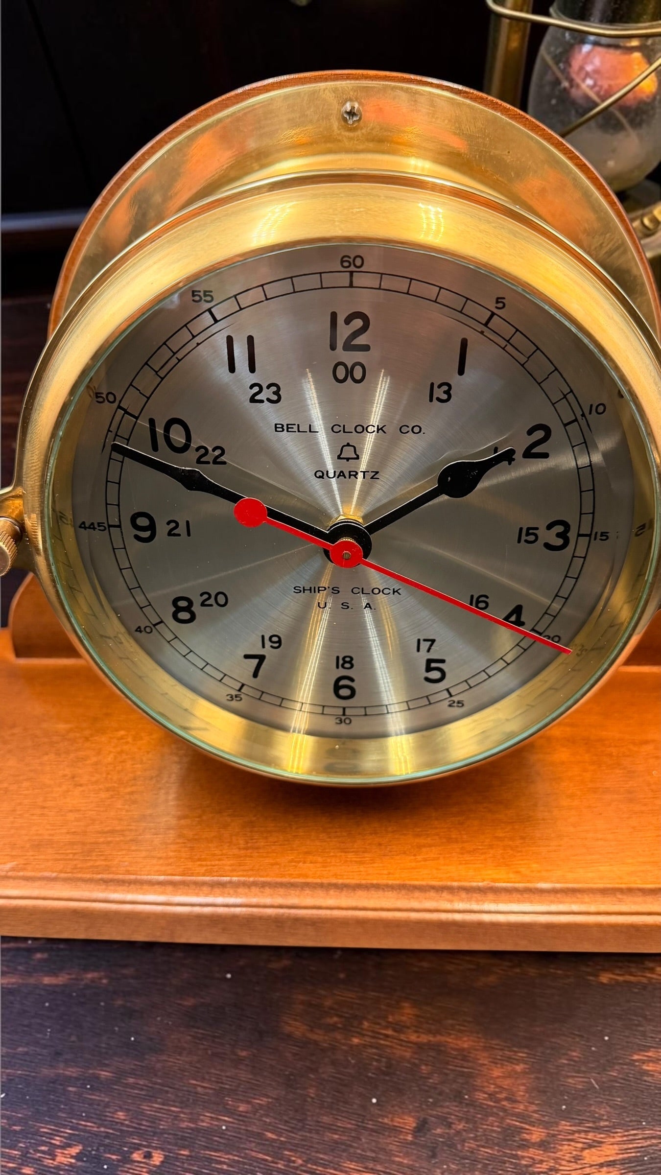 Vintage Bell Clock Co. Quartz Ship’s Clock on Wooden Stand – Brass Porthole Nautical Desk Clock – Made in USA