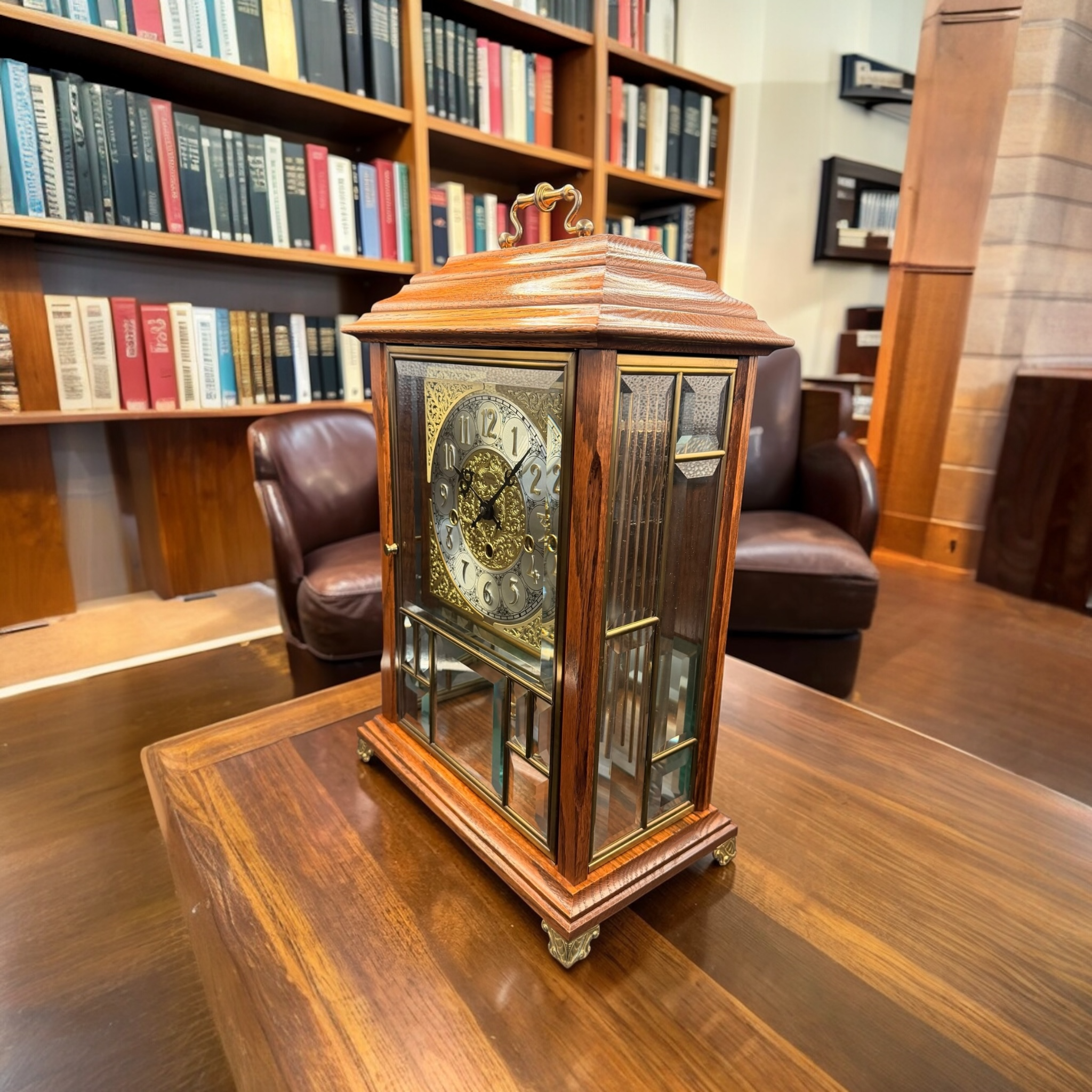 Ansonia Gold Medallion 370 Triple Chime Mantel Clock, Beveled Glass Mechanical Bracket Clock