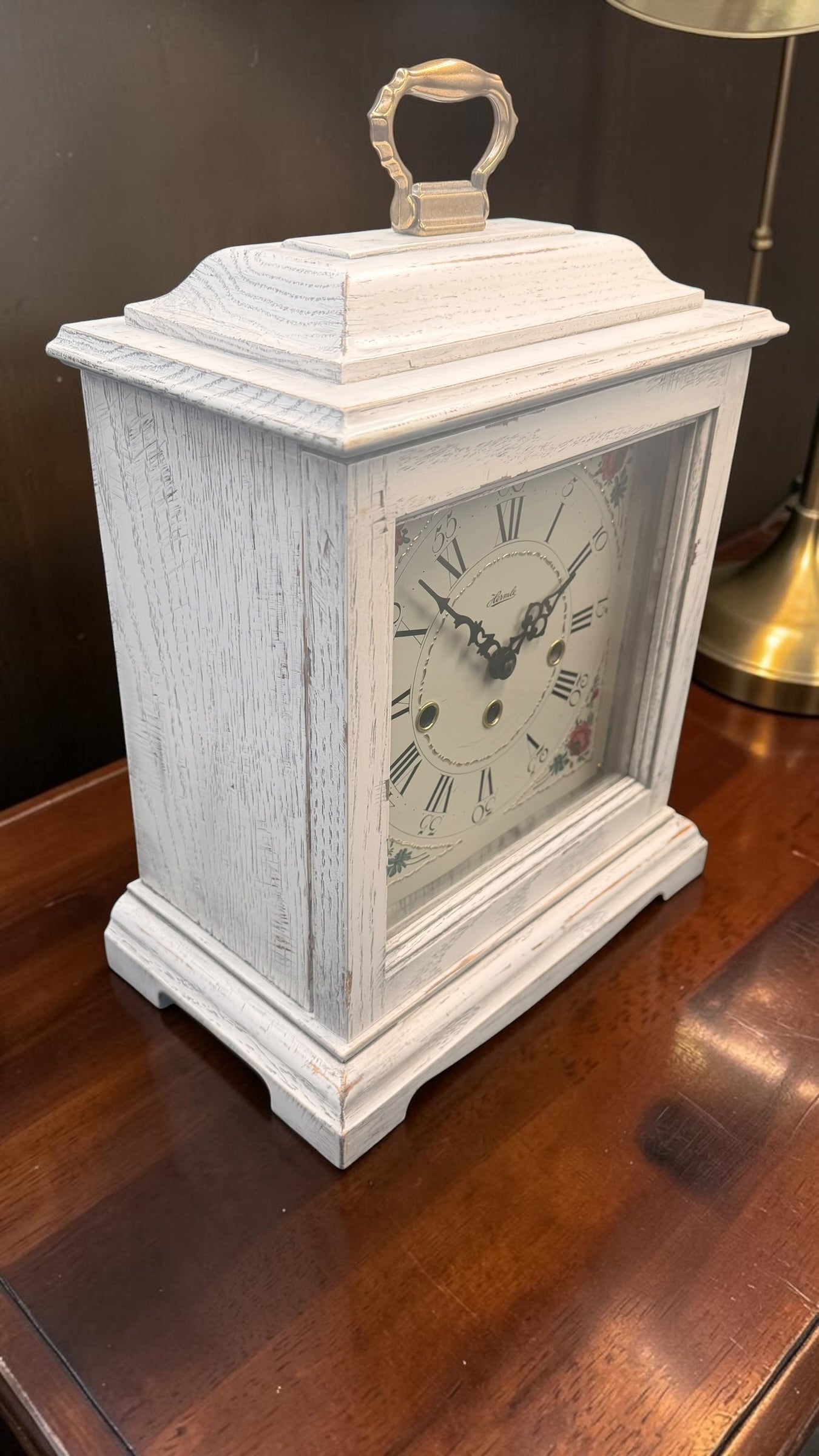 Hermle Austen Mantel Clock – German Mechanical Westminster Chime – Distressed White Farmhouse Shelf Clock