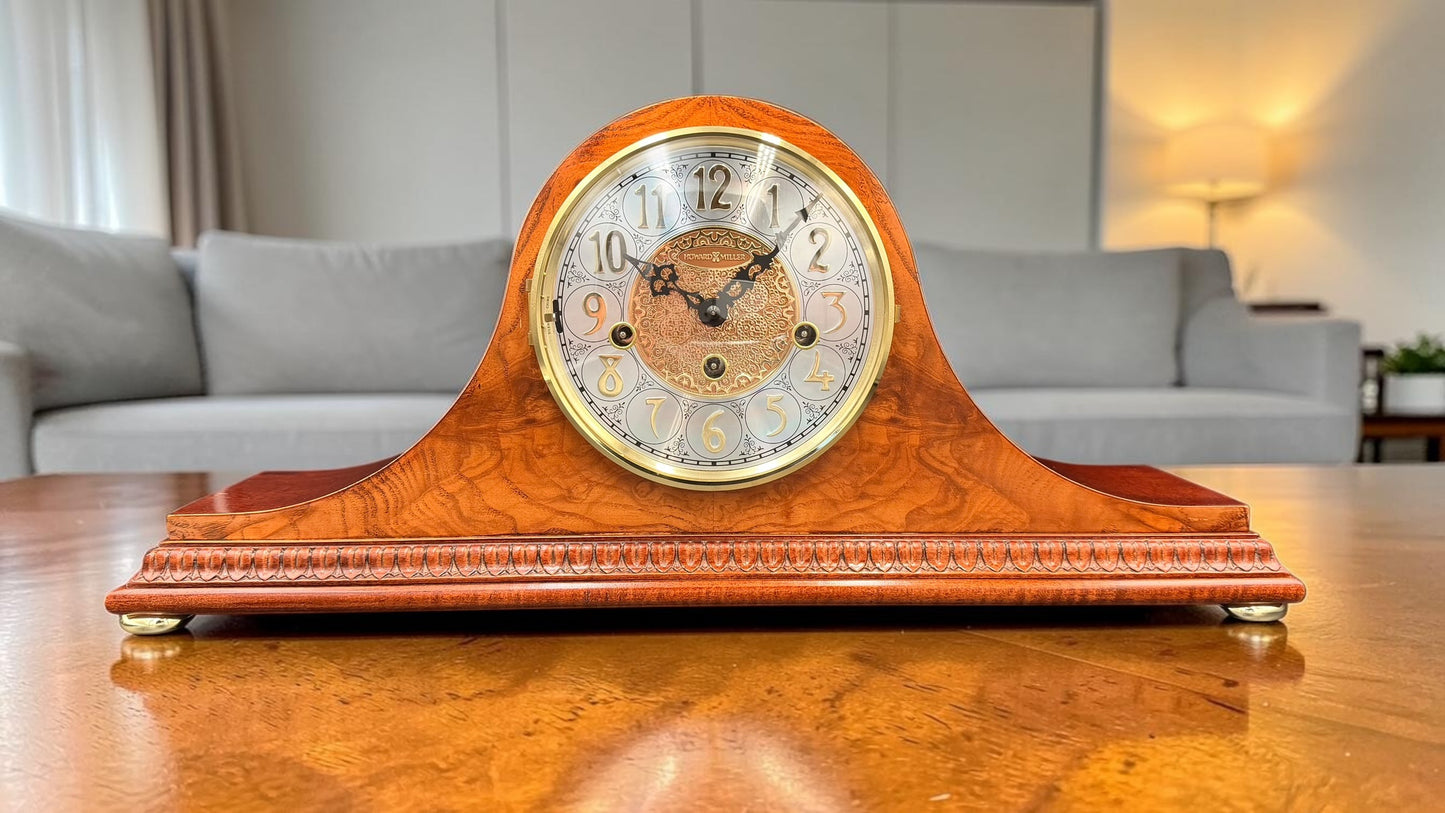 Howard Miller Ambassador 630-169 Mantel Clock – Mechanical Westminster Chime – German Hermle Movement – Key Wind – Burl Wood Tambour