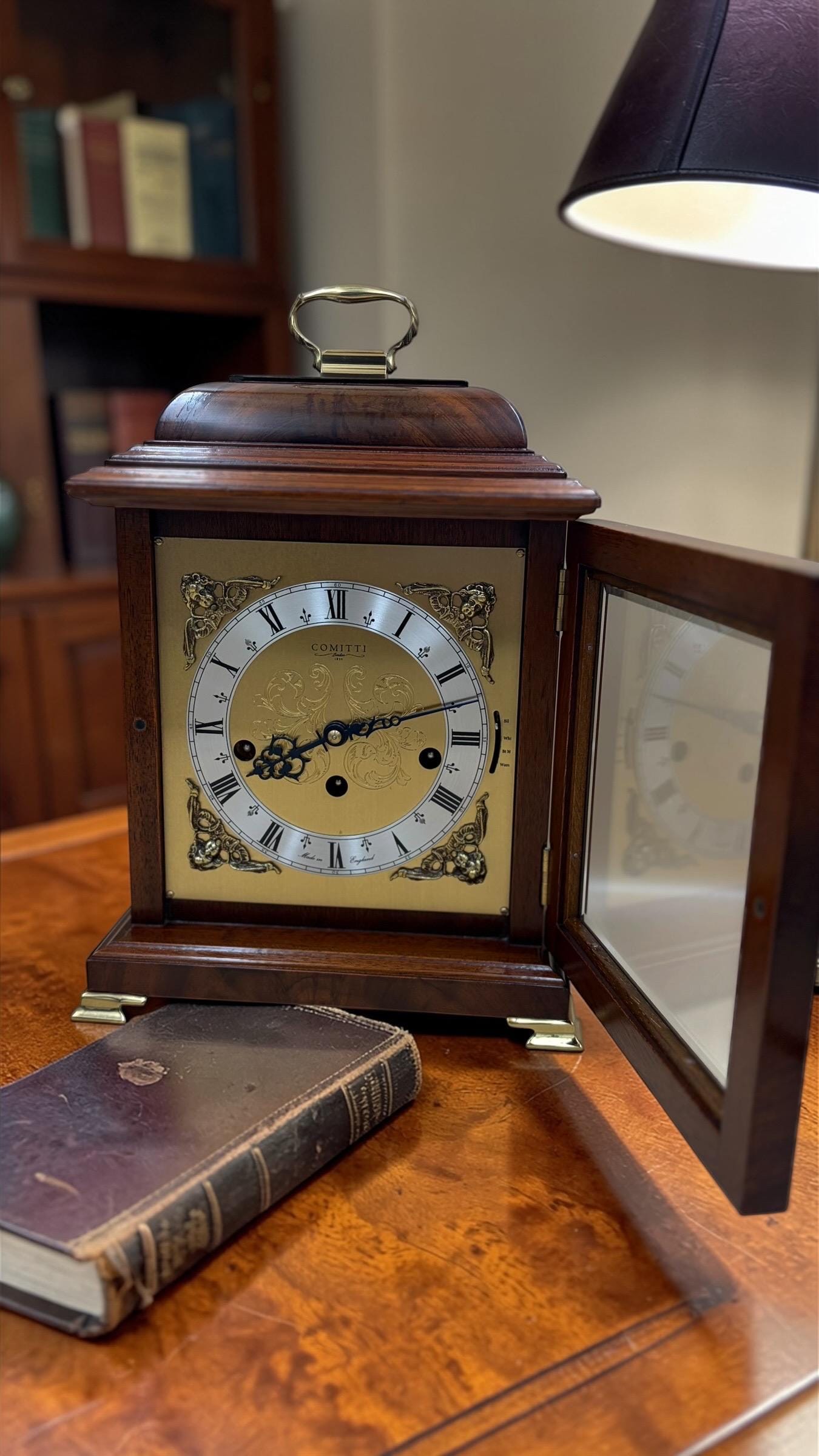 Comitti London Triple Chime Bracket Clock – Mahogany Case – 8-Day English Luxury Mantel Clock