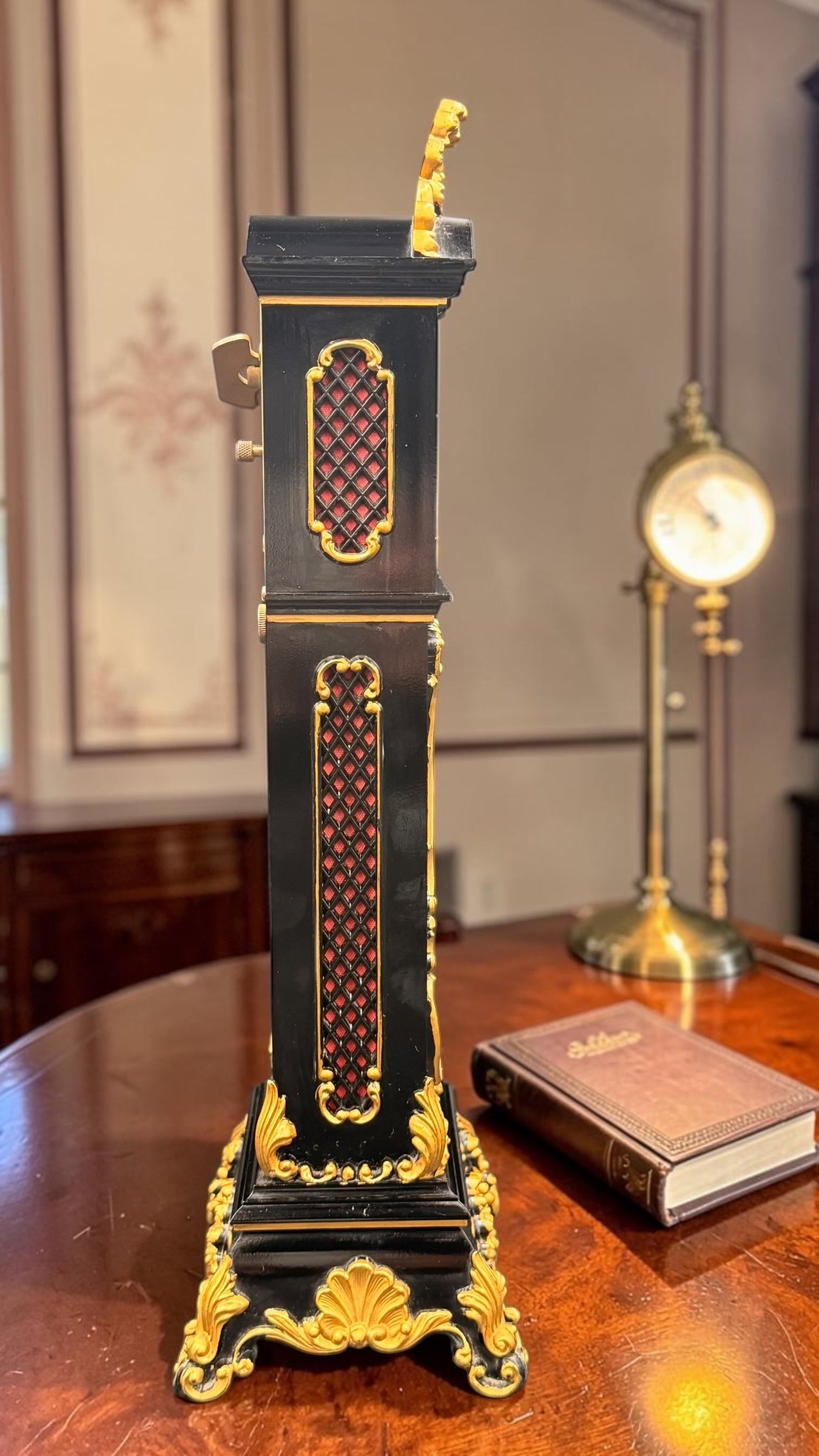Vintage Schmid 8-Day Miniature Grandfather Clock – Black & Gold Rococo – West Germany – Mechanical Key Wind