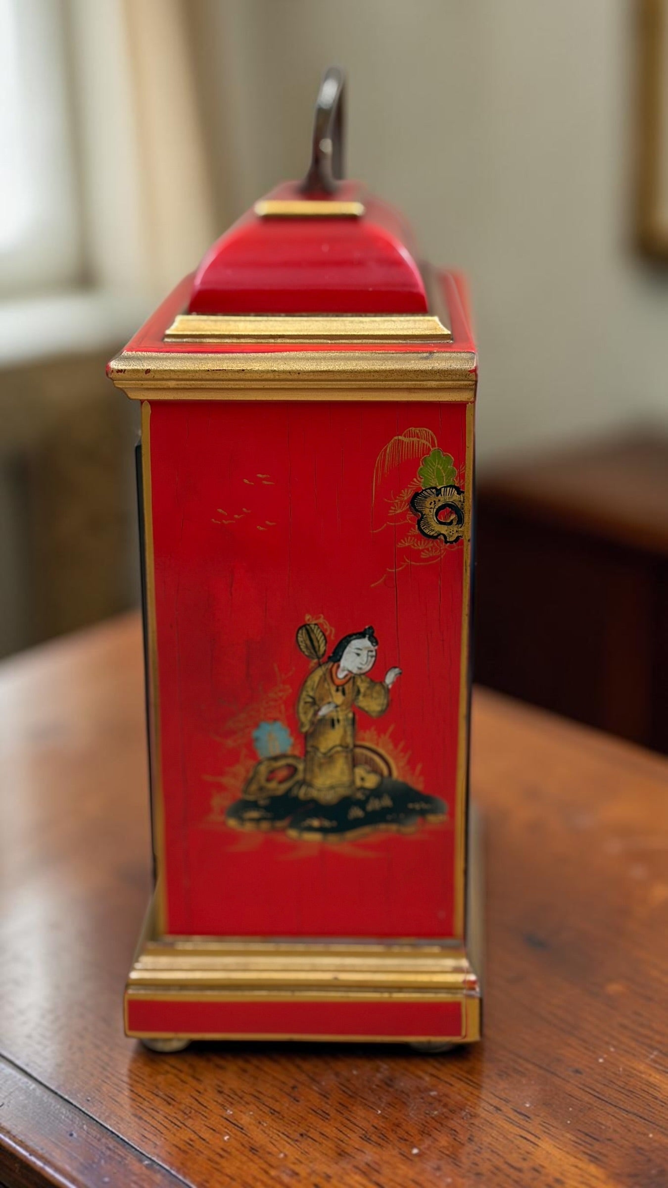 Vintage Elliott London Chinoiserie Mantel Clock – Red Lacquer English Bracket Clock – Made in England