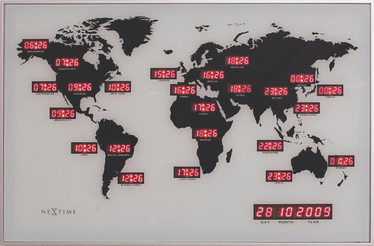 World Time Digit Wall Clock - Multiple Time Zones  - Glass - 21.5 x 14.2 inches - White - (NeXtime 2897)