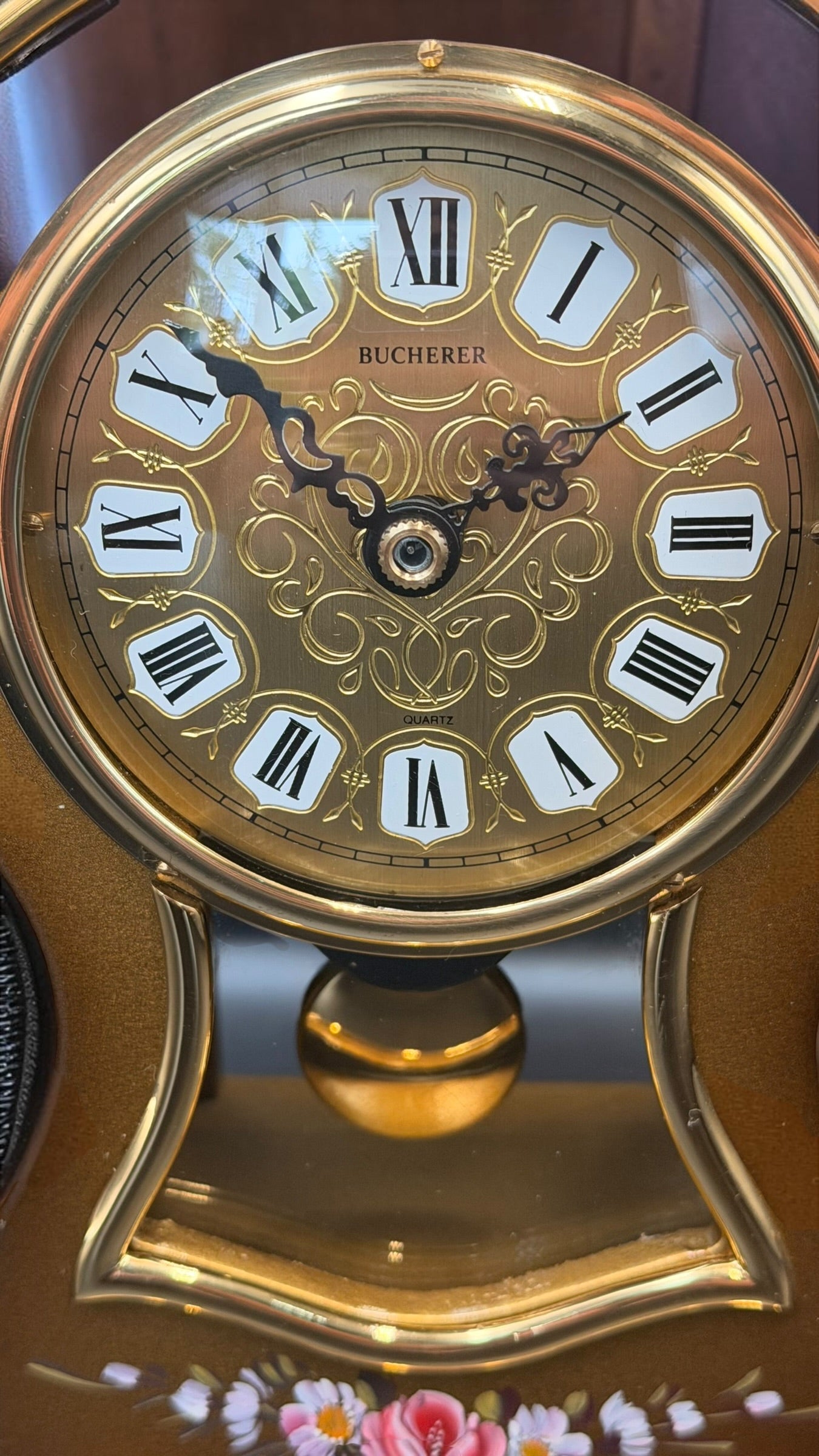 Bucherer Swiss Quartz Mantel Clock – Gold Tone, Hand-Painted Floral, Eluxa Case