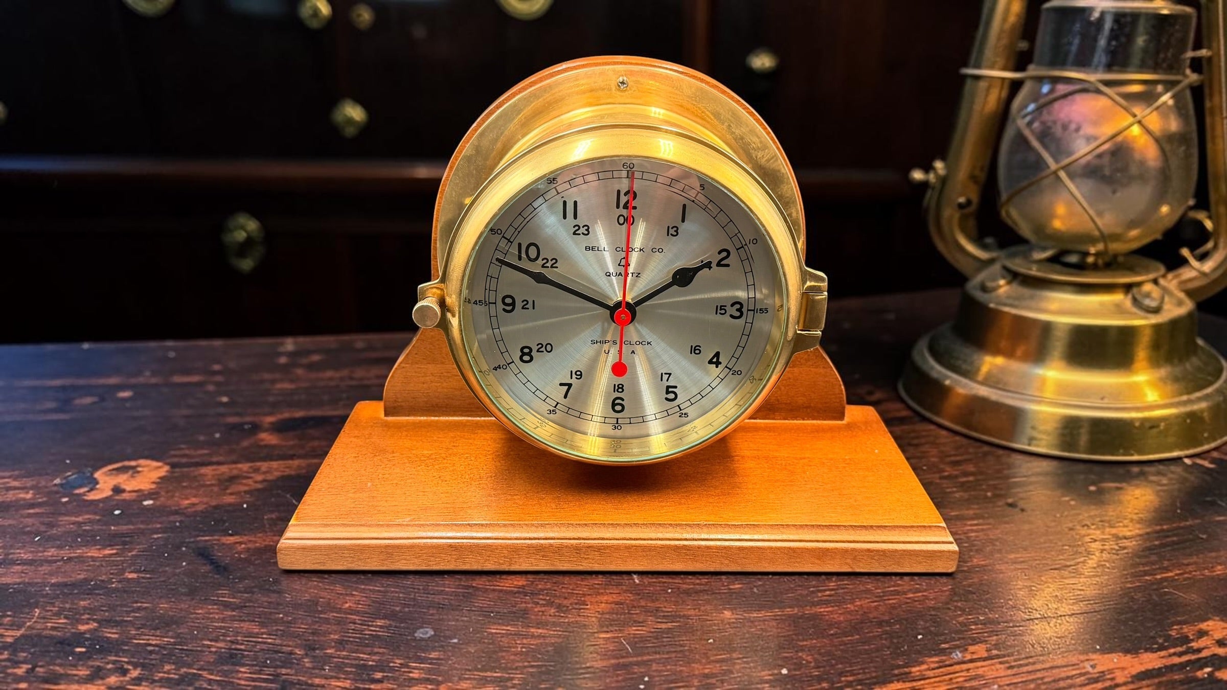 Vintage Bell Clock Co. Quartz Ship’s Clock on Wooden Stand – Brass Porthole Nautical Desk Clock – Made in USA