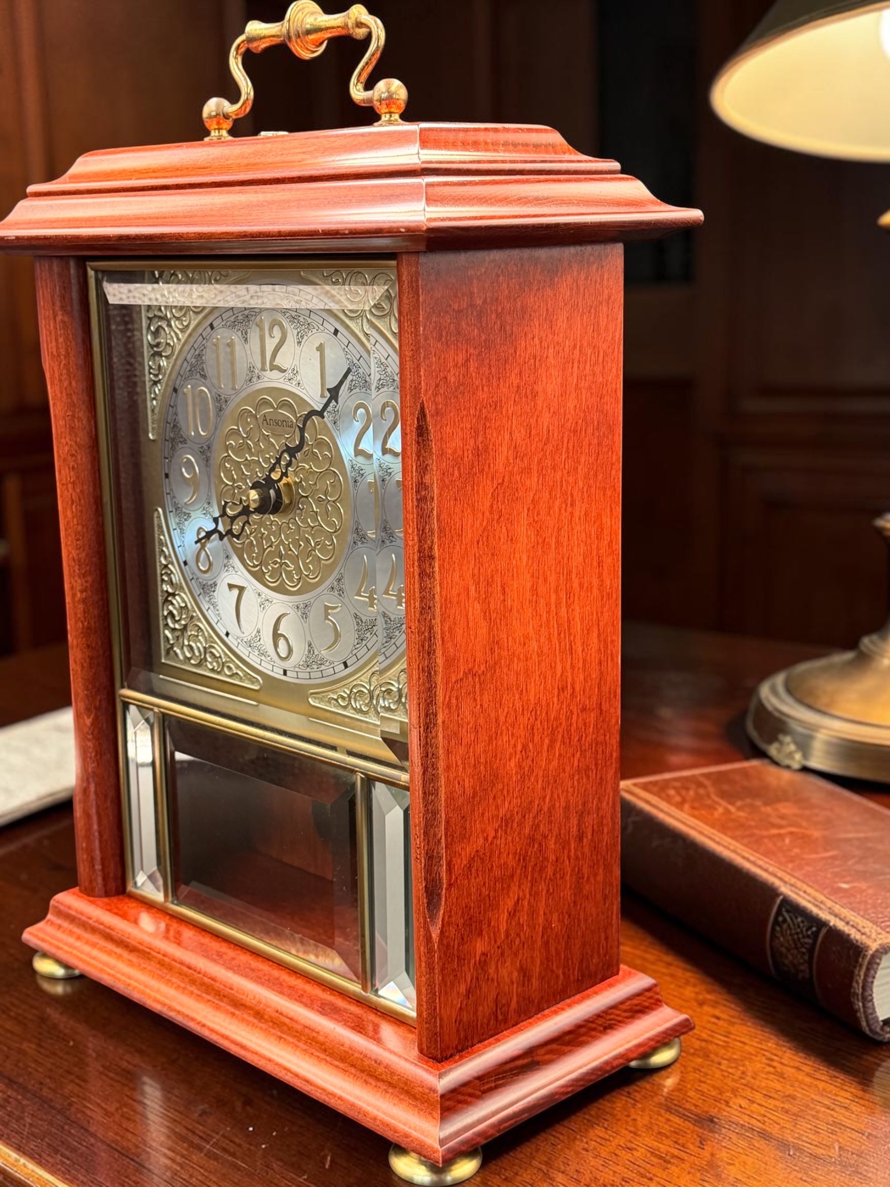 Ansonia Quartz Mantel Clock – Westminster Chime Pendulum Beveled Glass