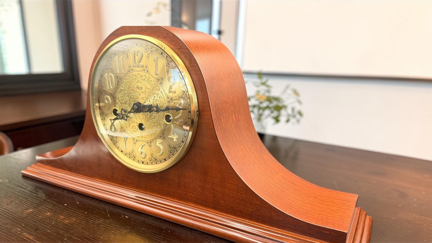 Vintage Sligh Mantel Clock, German Hermle Mechanical Westminster Chime Wood Case