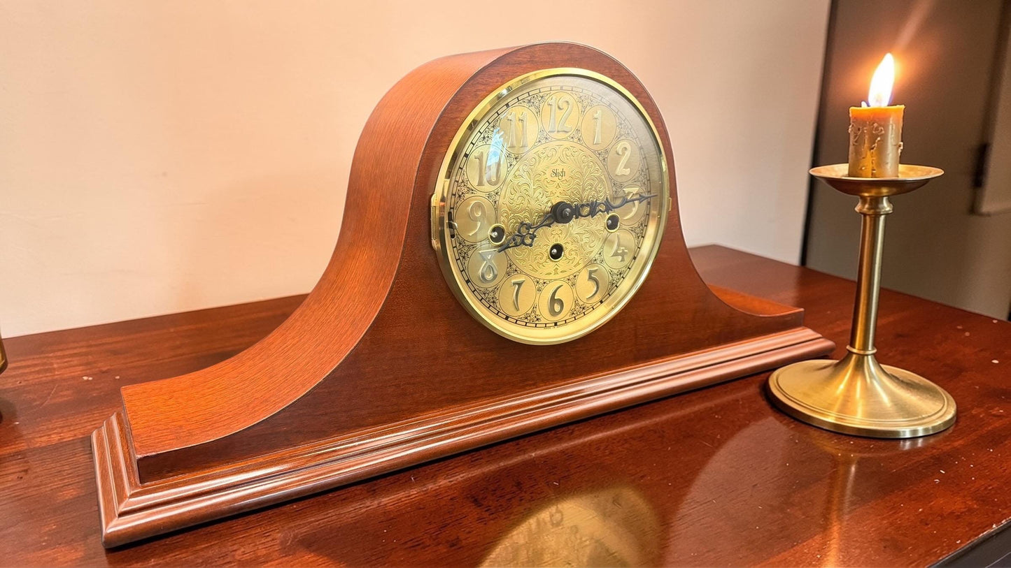 Vintage Sligh Mantel Clock, German Hermle Mechanical Westminster Chime Wood Case