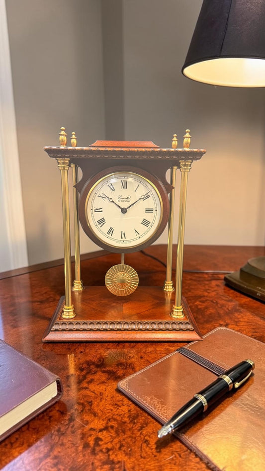 Comitti of London Mantel Clock – Brass Column Quartz Timepiece – Made in England Shelf Clock