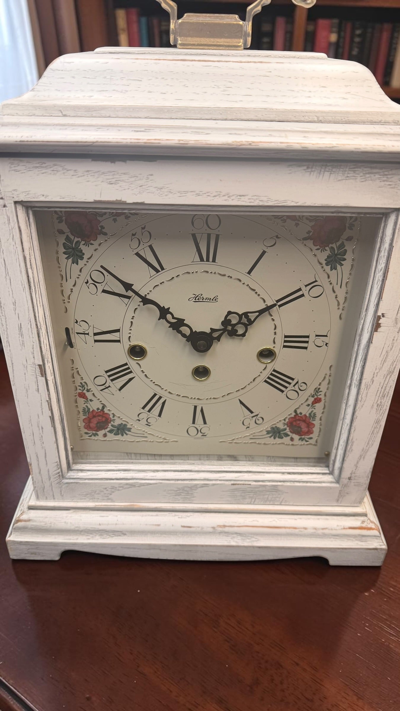 Hermle Austen Mantel Clock – German Mechanical Westminster Chime – Distressed White Farmhouse Shelf Clock