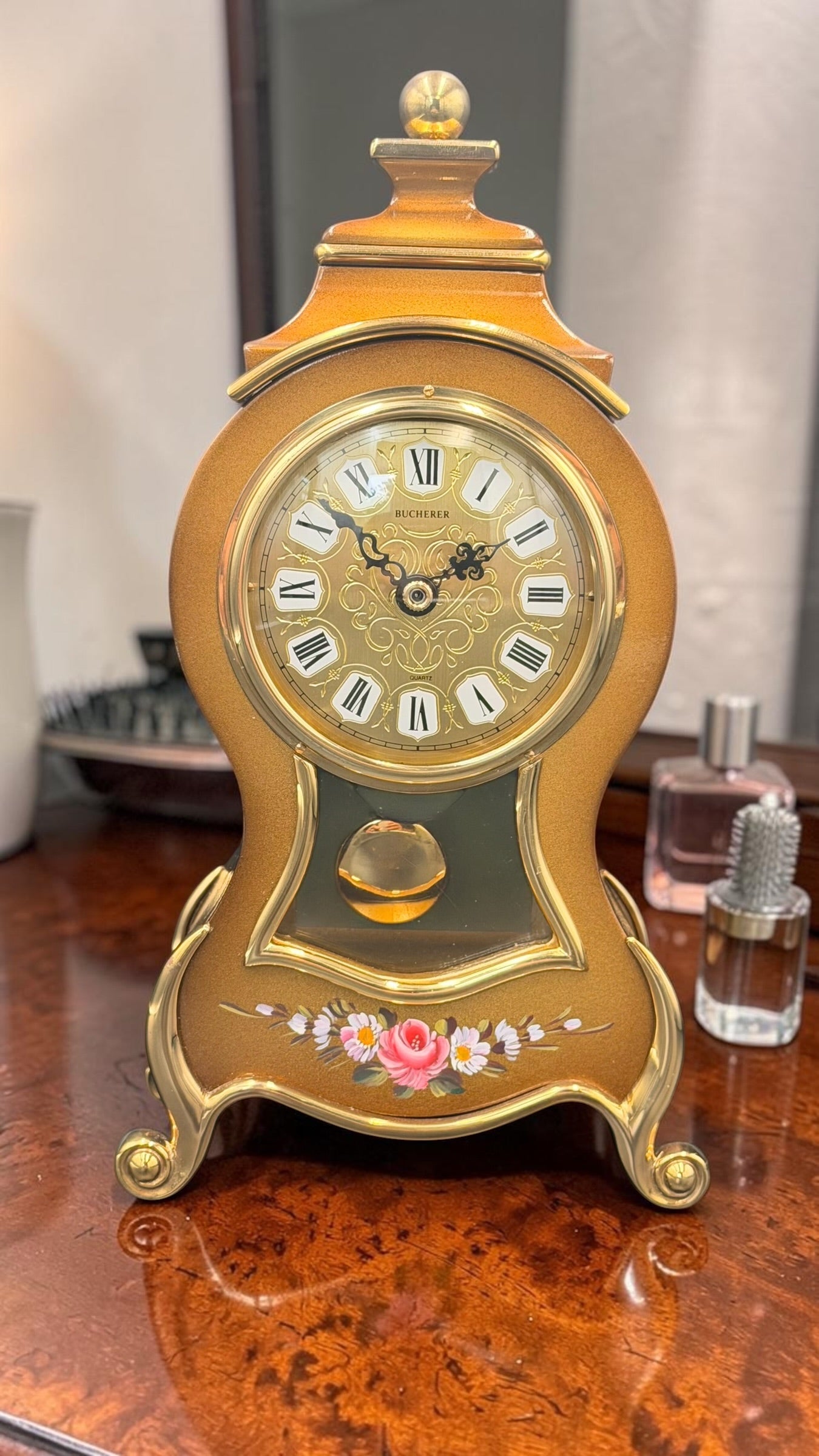 Bucherer Swiss Quartz Mantel Clock – Gold Tone Hand-Painted Floral Case