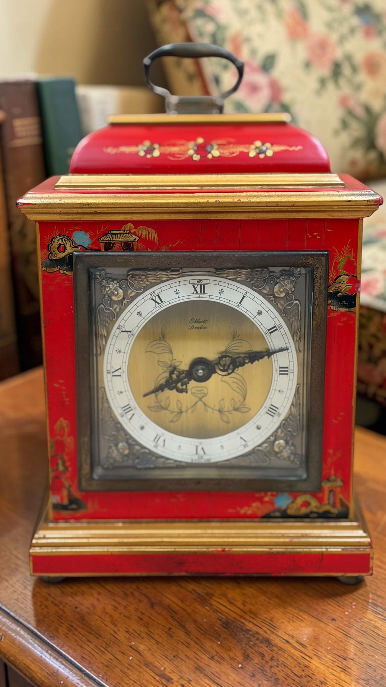 Elliott London Chinoiserie Mantel Clock – Red Lacquer English Bracket Clock