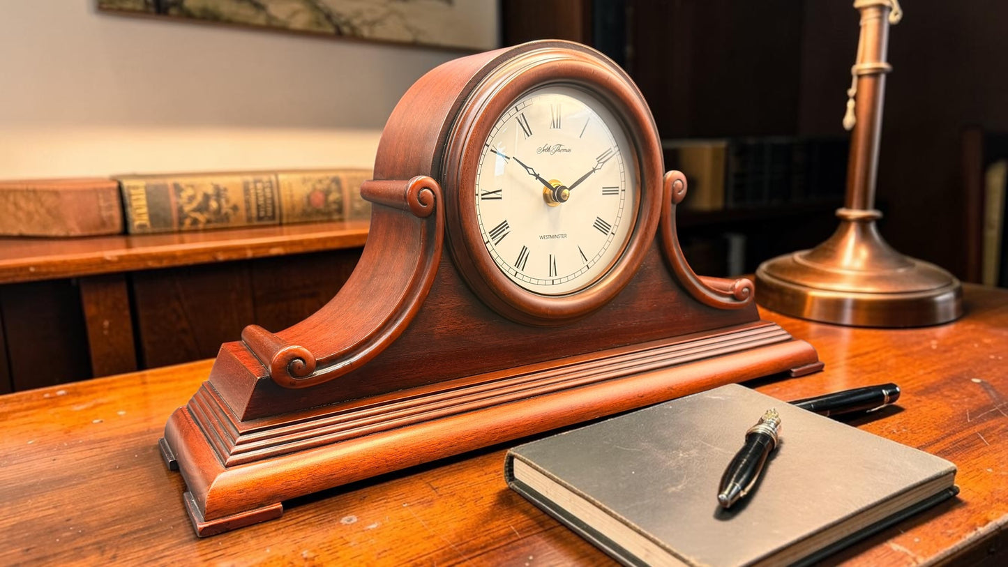 Seth Thomas Westminster Chime Mantel Clock – Pristine Tambour Case – Classic Executive Desk Clock – Vintage