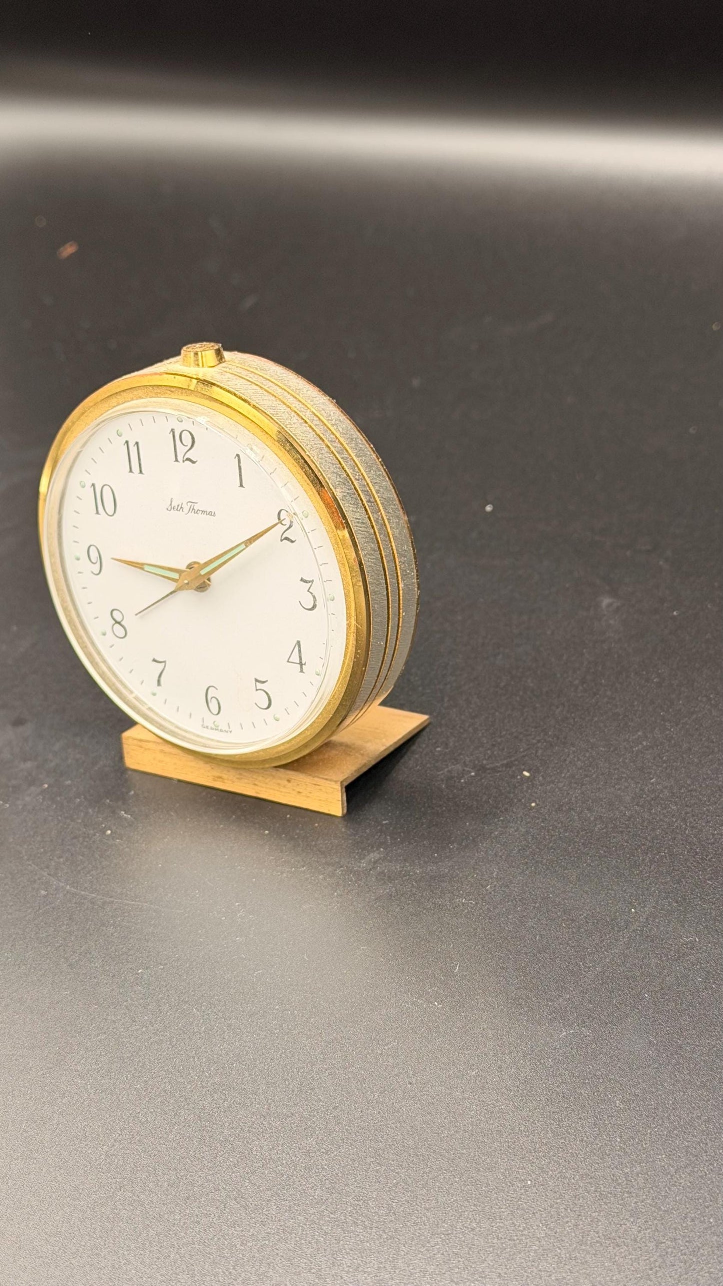 Seth Thomas Fashionette Alarm Clock – Mid Century Modern Brass Desk Clock, Original Box