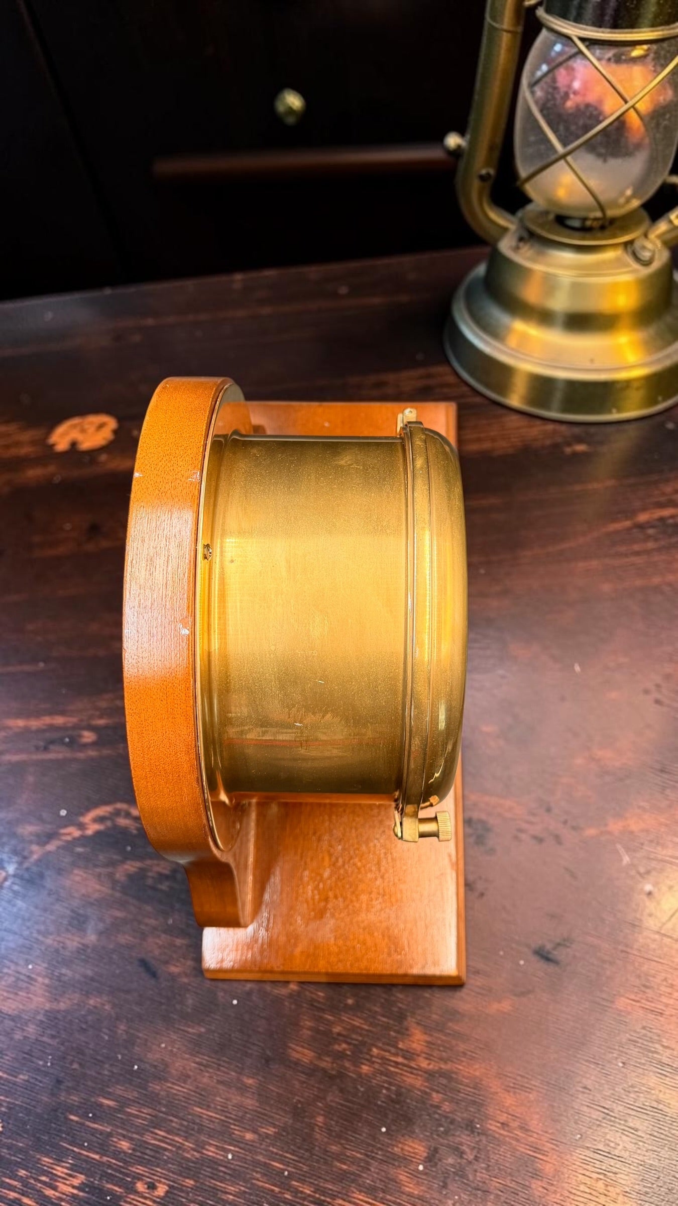 Vintage Bell Clock Co. Quartz Ship’s Clock on Wooden Stand – Brass Porthole Nautical Desk Clock – Made in USA