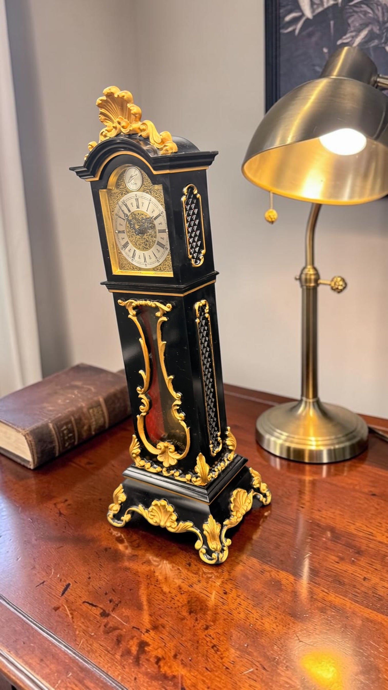 Vintage Schmid 8-Day Miniature Grandfather Clock – Black & Gold Rococo – West Germany – Mechanical Key Wind