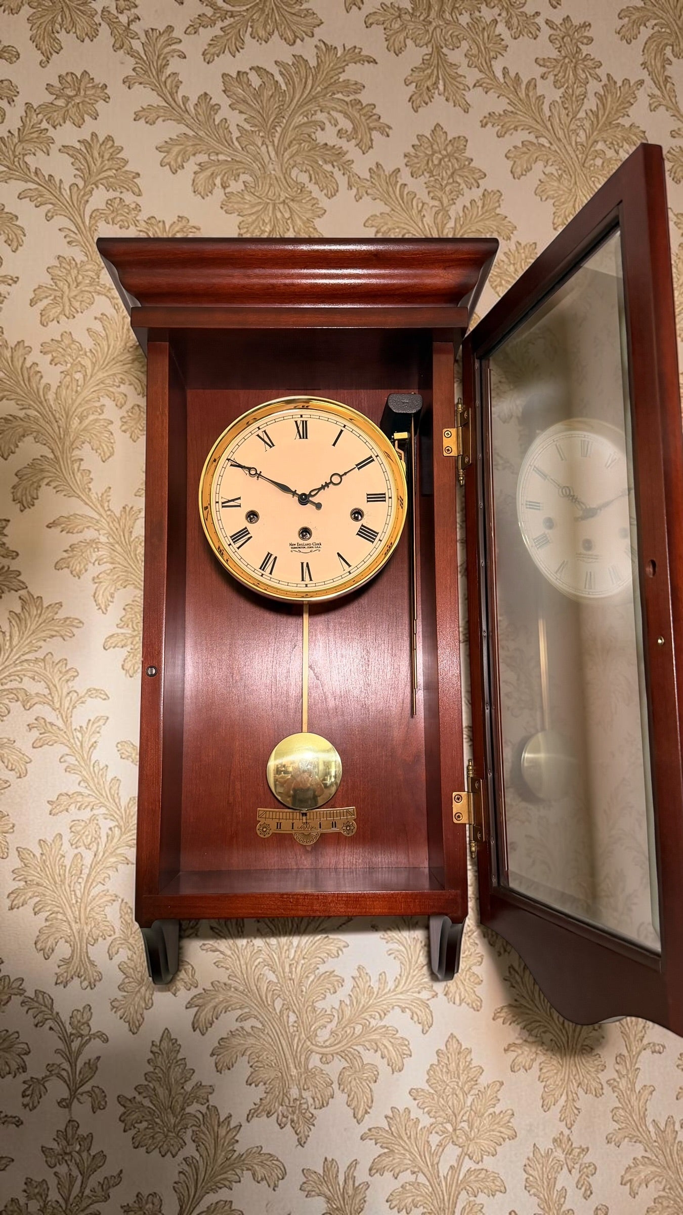 New England Clock Westminster Chime Wall Clock – Mechanical Pendulum Regulator Wood Case