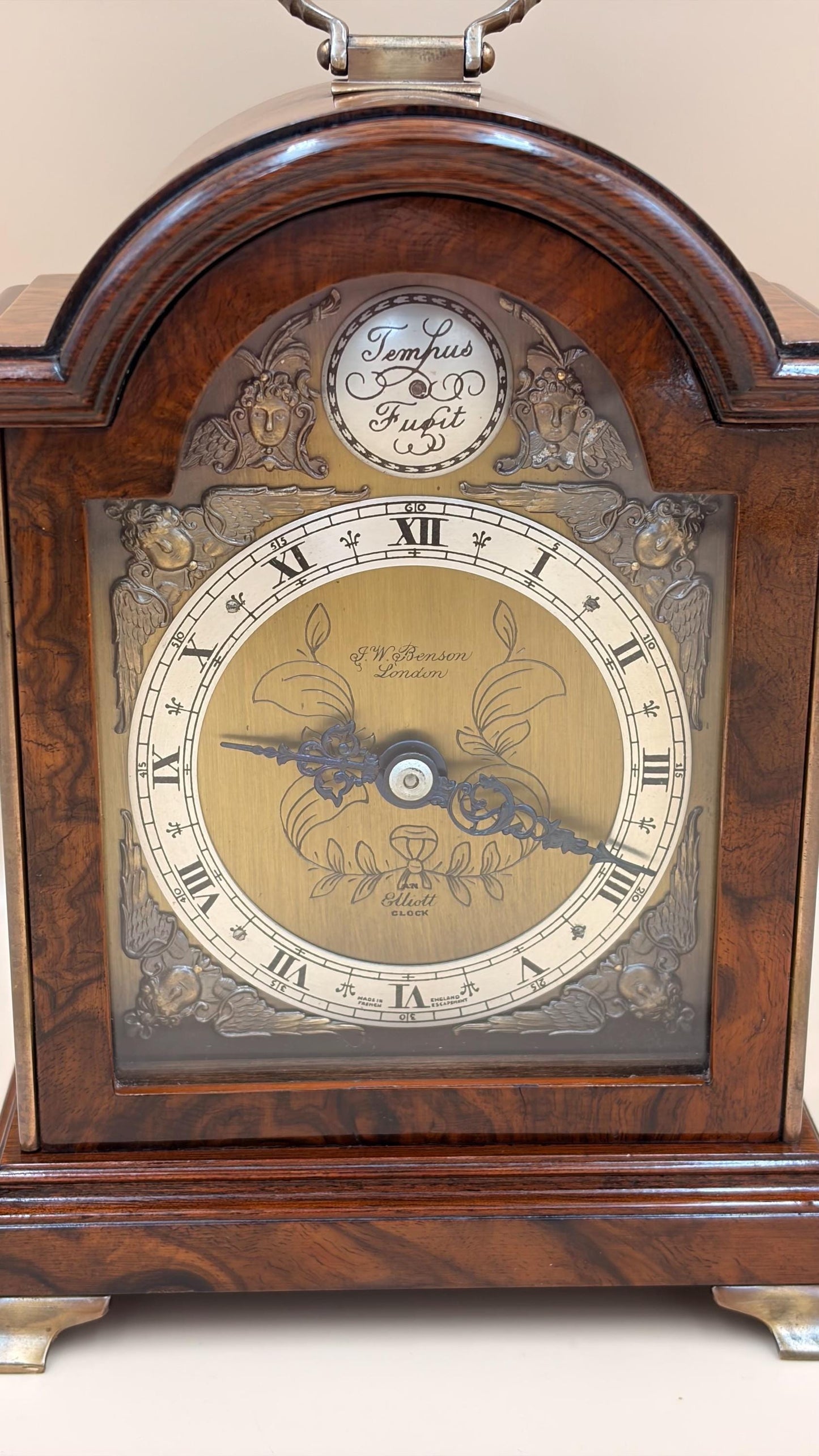 Vintage Elliott of London Burr Walnut Bracket Clock – English 8-Day Time-Only Mechanical Mantel Clock – Freshly Serviced