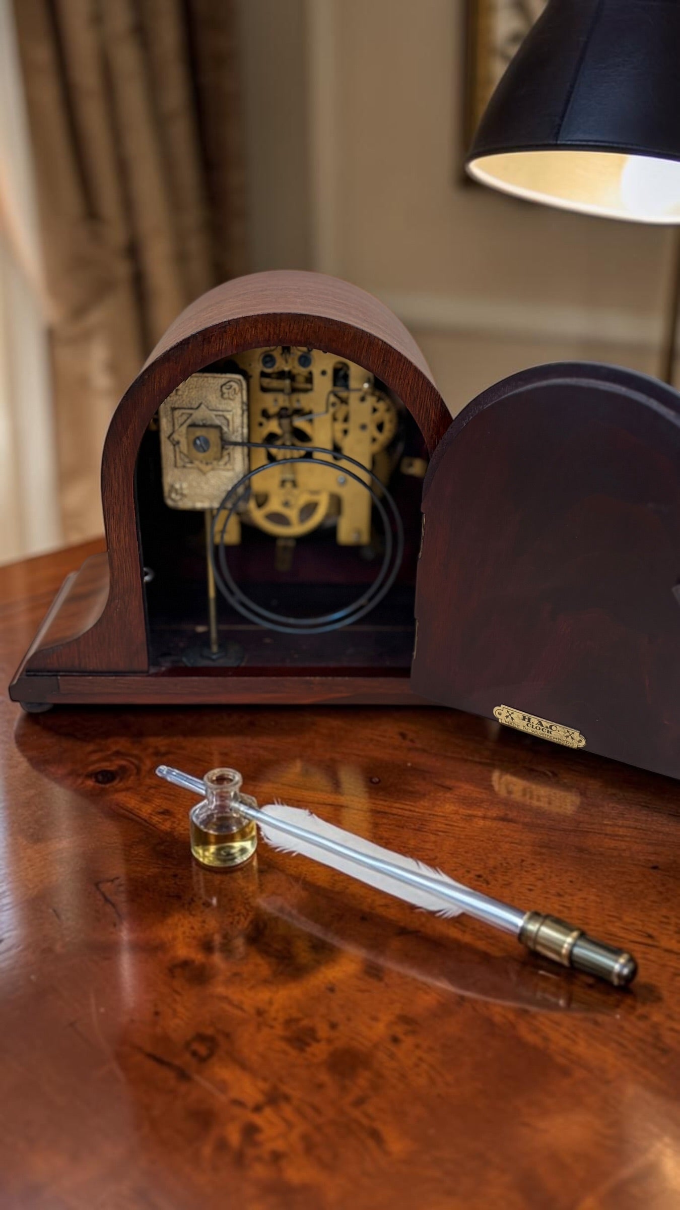Antique German H.A.C. Mantel Clock c.1920s–30s – Walnut Tambour – Untouched & Working