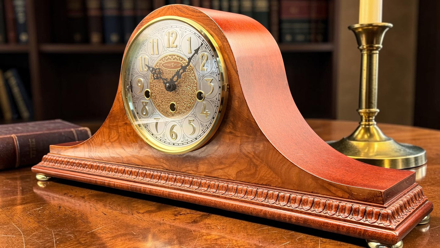 Howard Miller Ambassador 630-169 Mantel Clock – Mechanical Westminster Chime – German Hermle Movement – Key Wind – Burl Wood Tambour