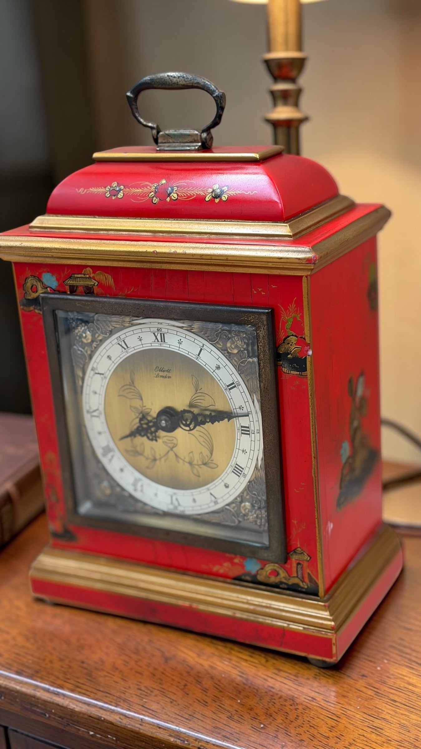 Vintage Elliott London Chinoiserie Mantel Clock – Red Lacquer English Bracket Clock – Made in England