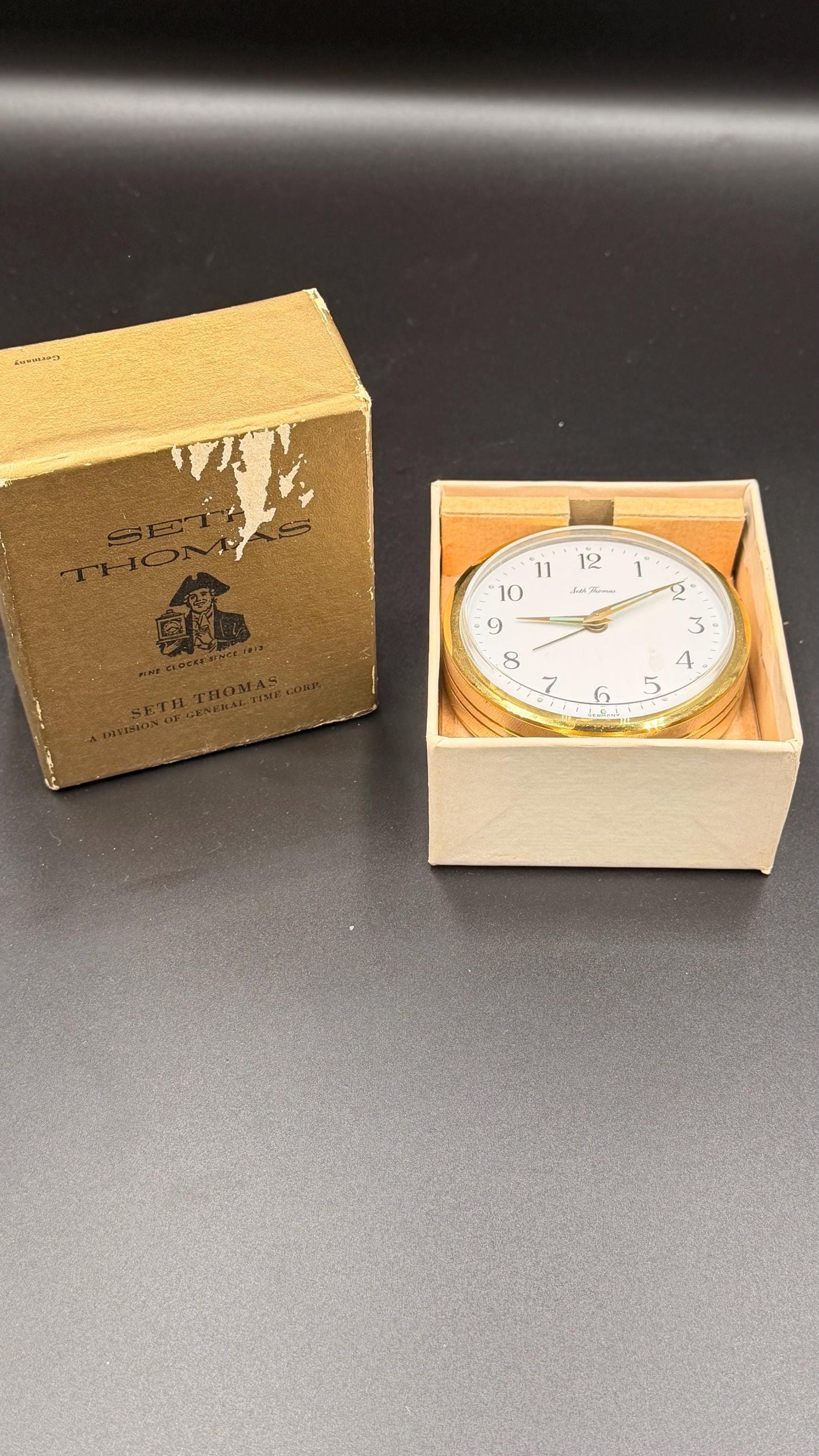 Seth Thomas Fashionette Alarm Clock – Mid Century Modern Brass Desk Clock, Original Box