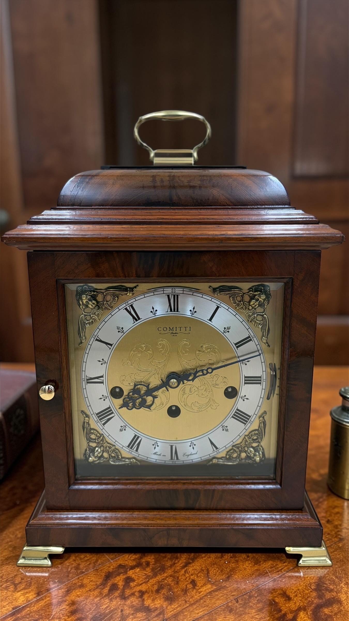 Comitti London Triple Chime Bracket Clock – Mahogany Case – 8-Day English Luxury Mantel Clock