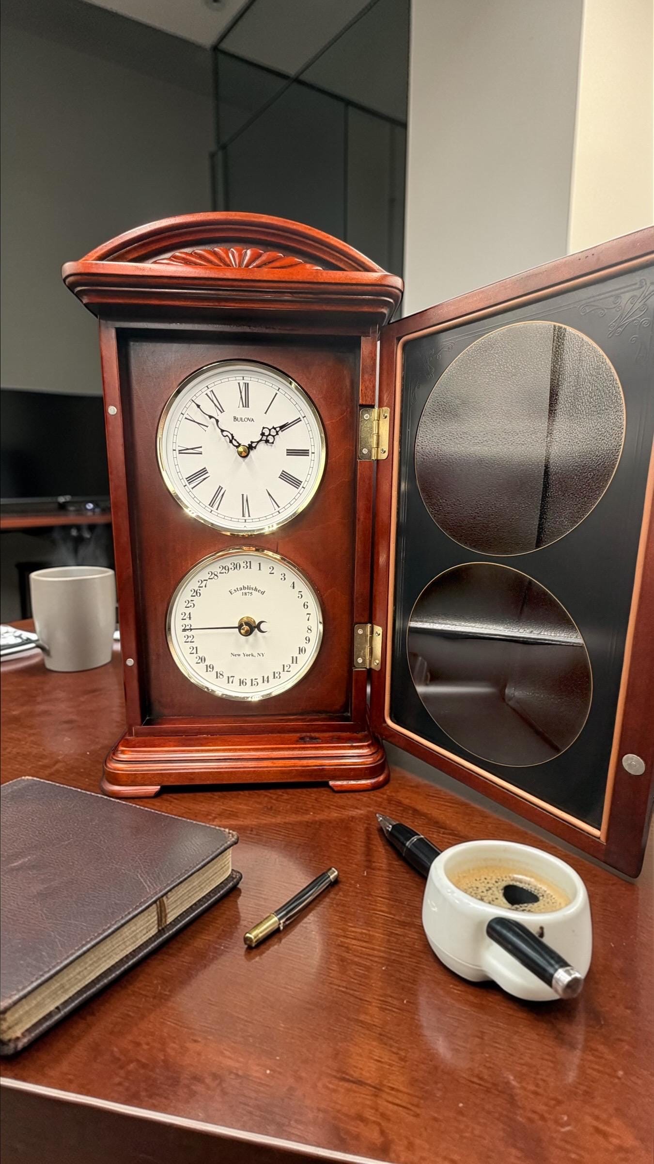 Bulova Cherry Wood Quartz Calendar Mantel Clock