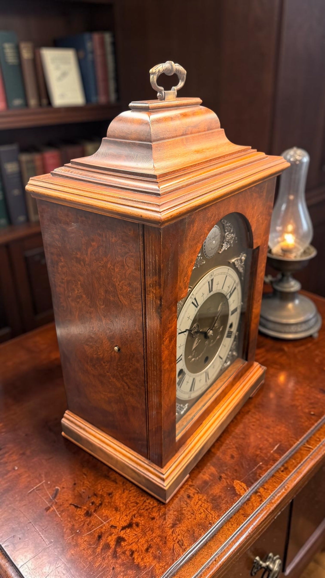 Elliott London Westminster Chime Mantel Clock – Burl Walnut Cabinet,  Mechanical Pendulum Movement