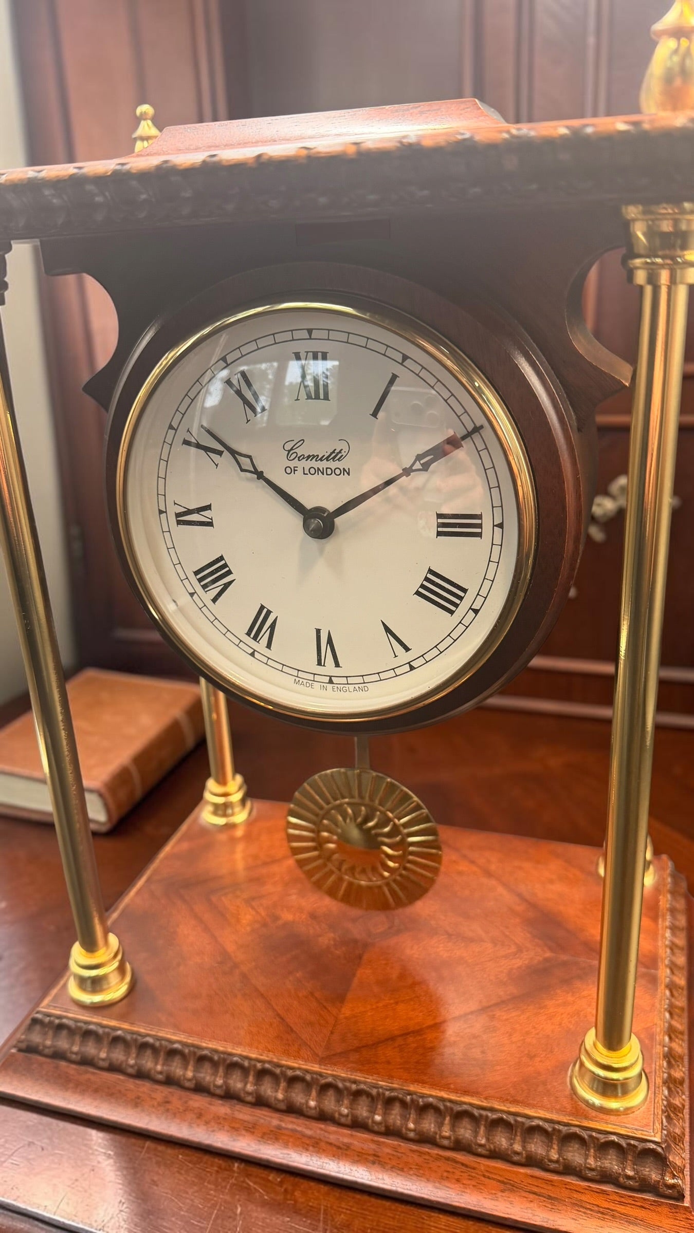 Comitti of London Mantel Clock – Brass Column Quartz Timepiece – Made in England Shelf Clock