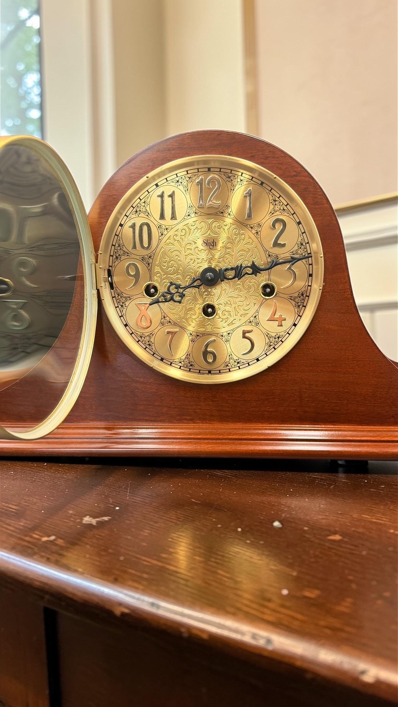 Vintage Sligh Mantel Clock, German Hermle Mechanical Westminster Chime Wood Case