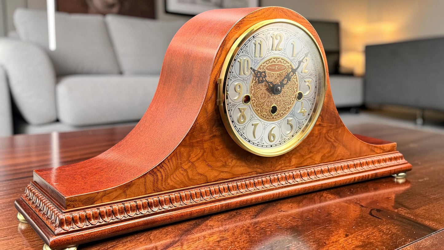 Howard Miller Ambassador 630-169 Mantel Clock – Mechanical Westminster Chime – German Hermle Movement – Key Wind – Burl Wood Tambour
