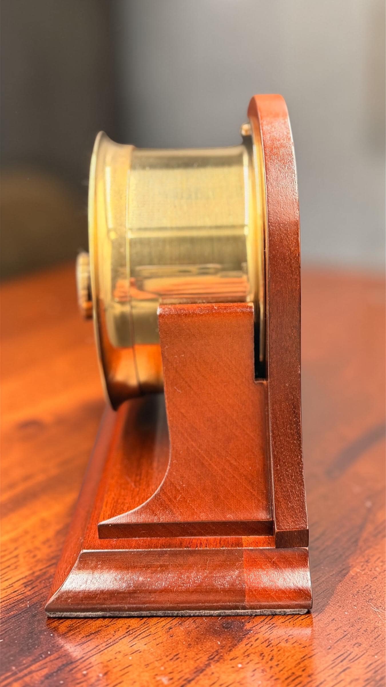 Weems & Plath German Quartz Clock – Brass Porthole, Mahogany Base