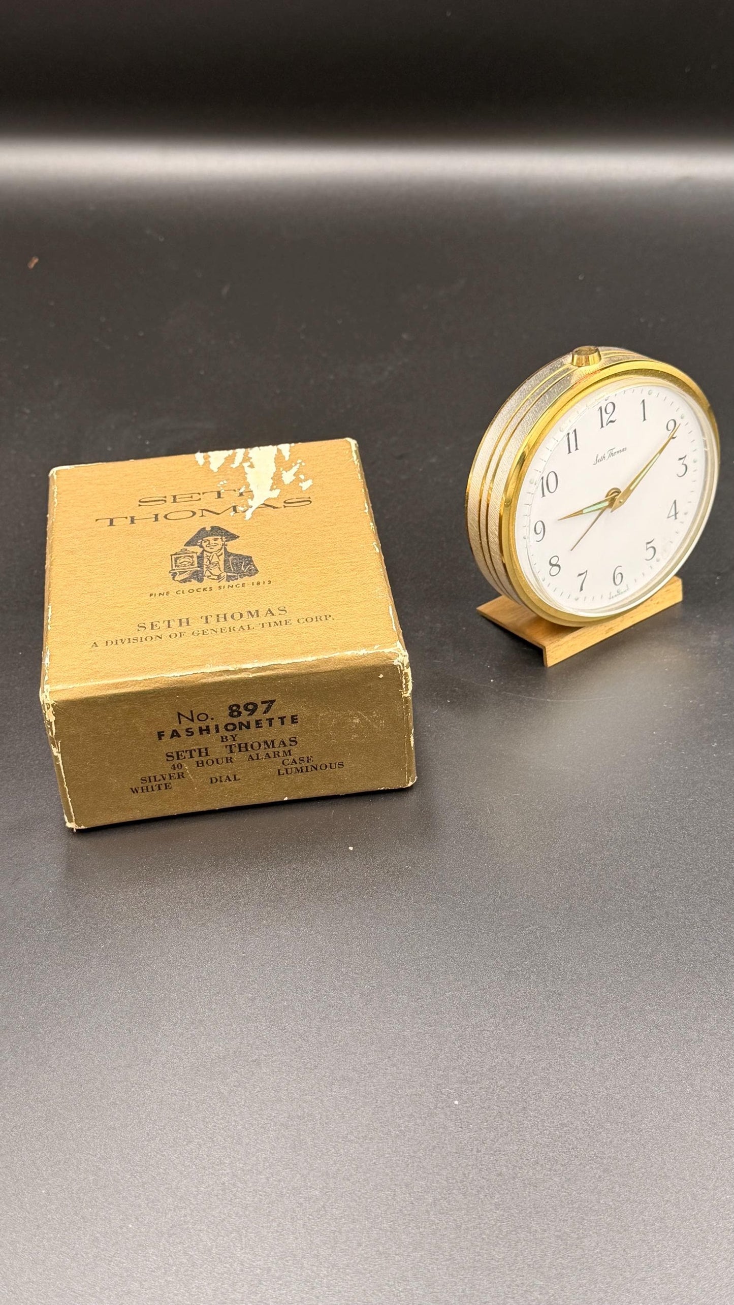 Seth Thomas Fashionette Alarm Clock – Mid Century Modern Brass Desk Clock, Original Box