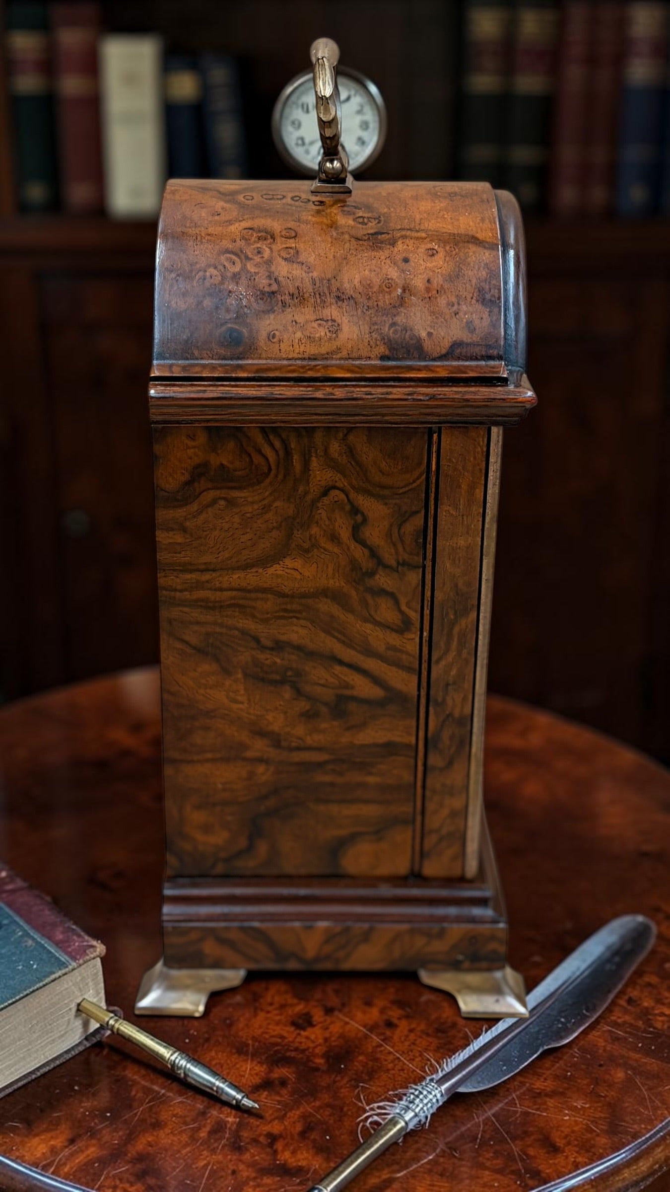 Vintage Elliott of London Burr Walnut Bracket Clock – English 8-Day Time-Only Mechanical Mantel Clock – Freshly Serviced