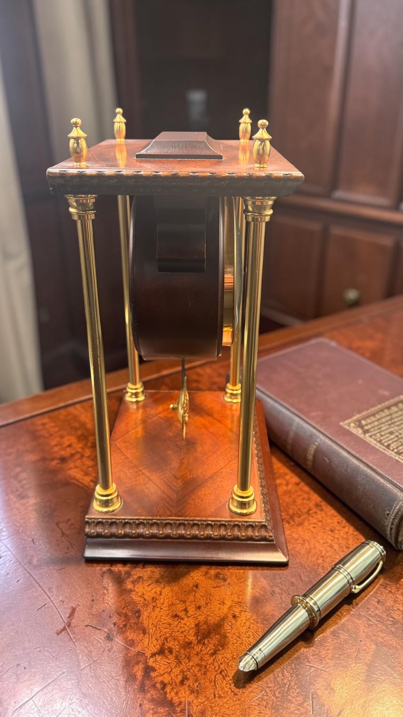Comitti of London Mantel Clock – Brass Column Quartz Timepiece – Made in England Shelf Clock
