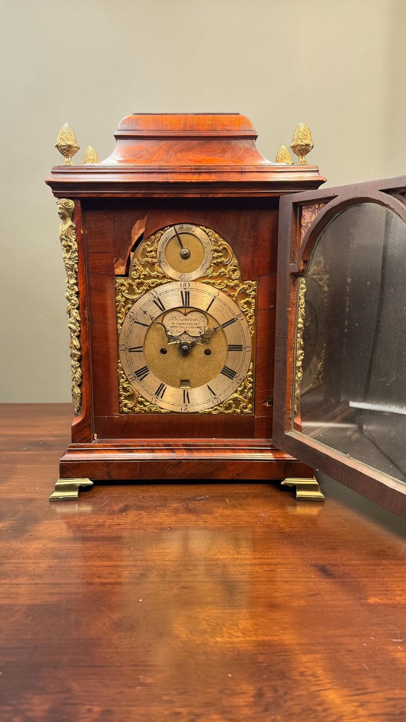 Ornate English Style Mahogany Bracket Clock Case – Brass Dial Display Clock – Restoration Candidate