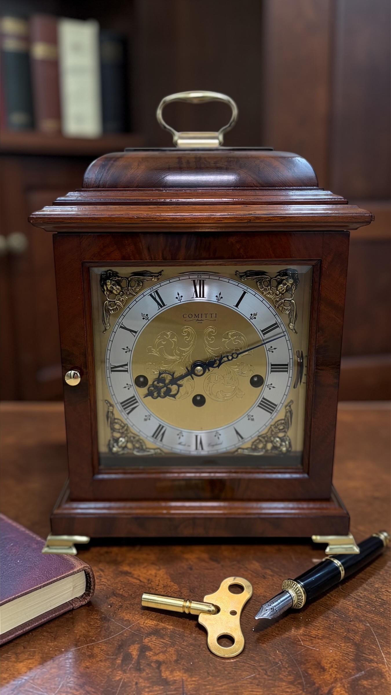Comitti London Triple Chime Bracket Clock – Mahogany Case – 8-Day English Luxury Mantel Clock