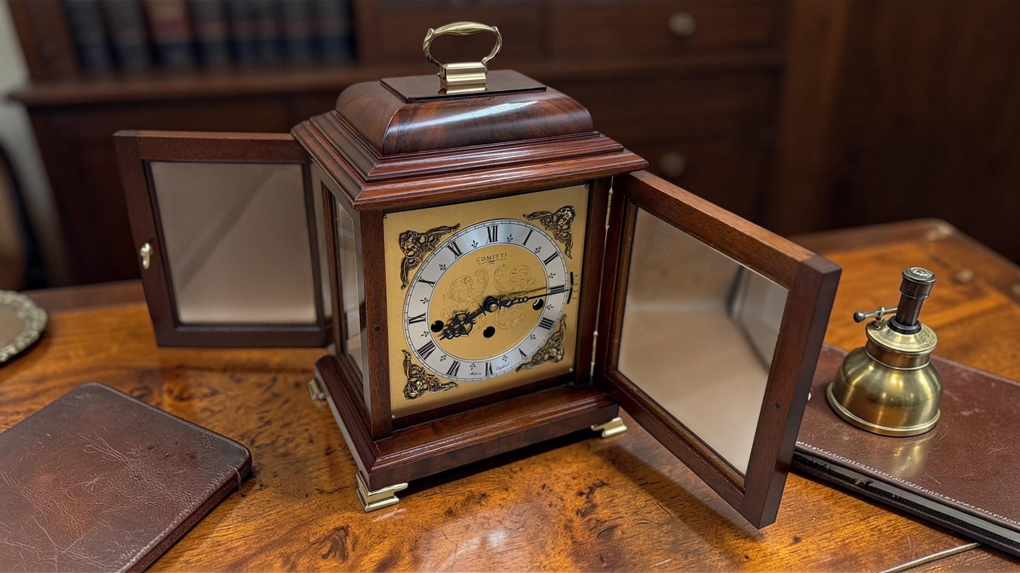 Comitti London Triple Chime Bracket Clock – Mahogany Case – 8-Day English Luxury Mantel Clock