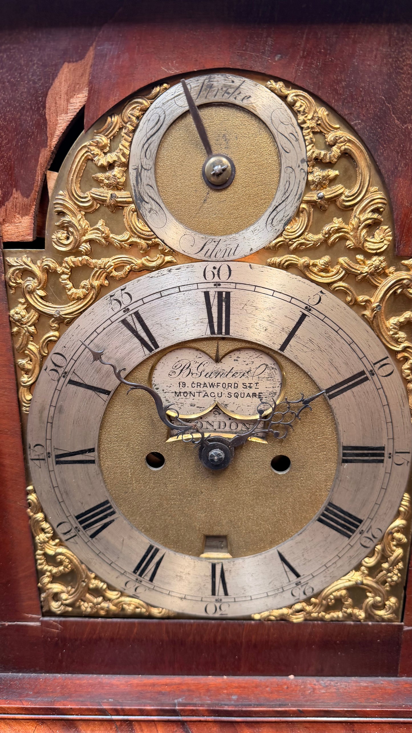 Ornate English Style Mahogany Bracket Clock Case – Brass Dial Display Clock – Restoration Candidate