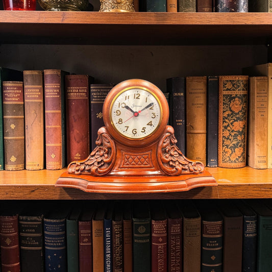 Vintage Sessions Electric Mantel Clock – Carved Wood Mid-Century Decor
