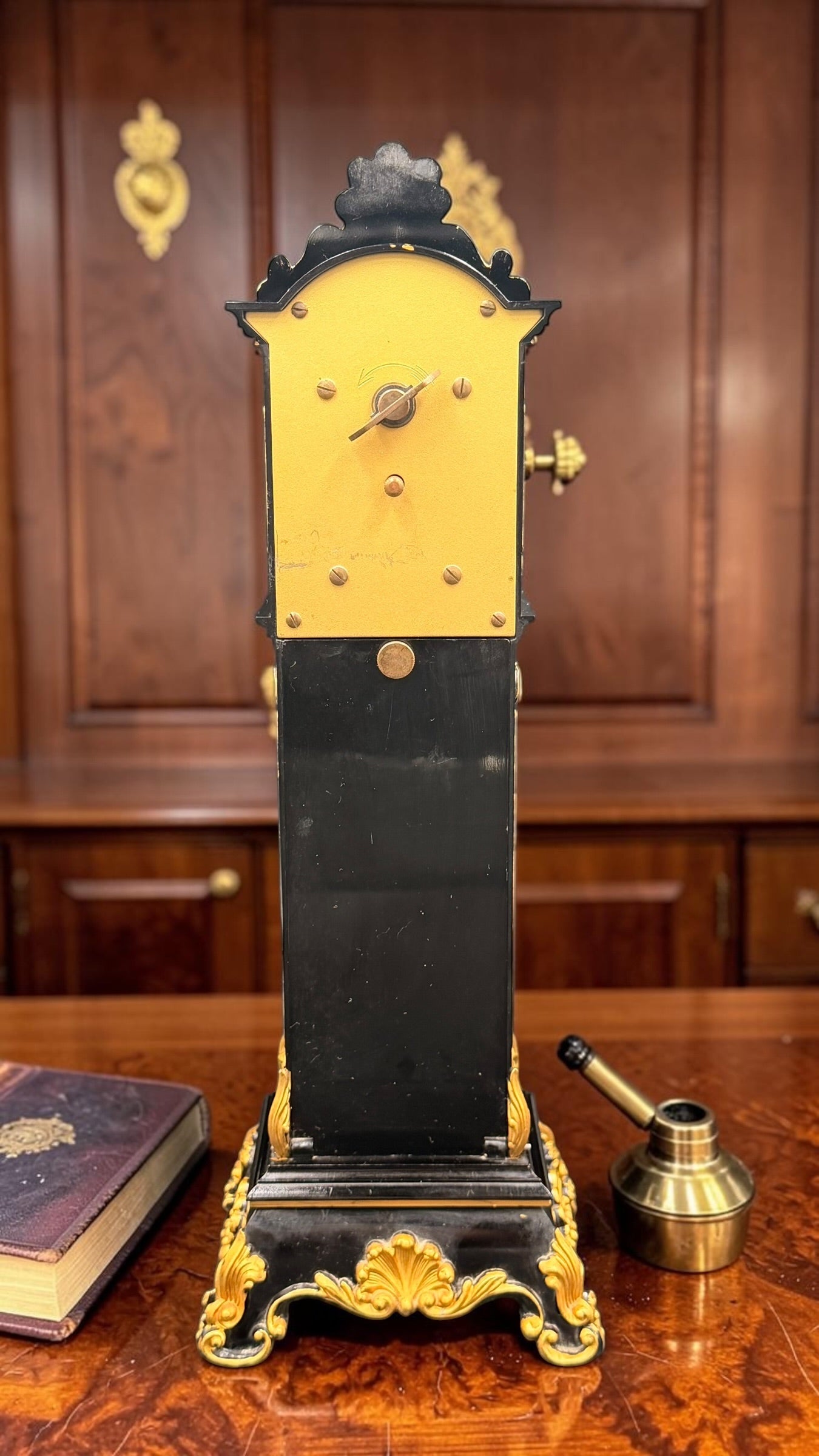 Vintage Schmid 8-Day Miniature Grandfather Clock – Black & Gold Rococo – West Germany – Mechanical Key Wind