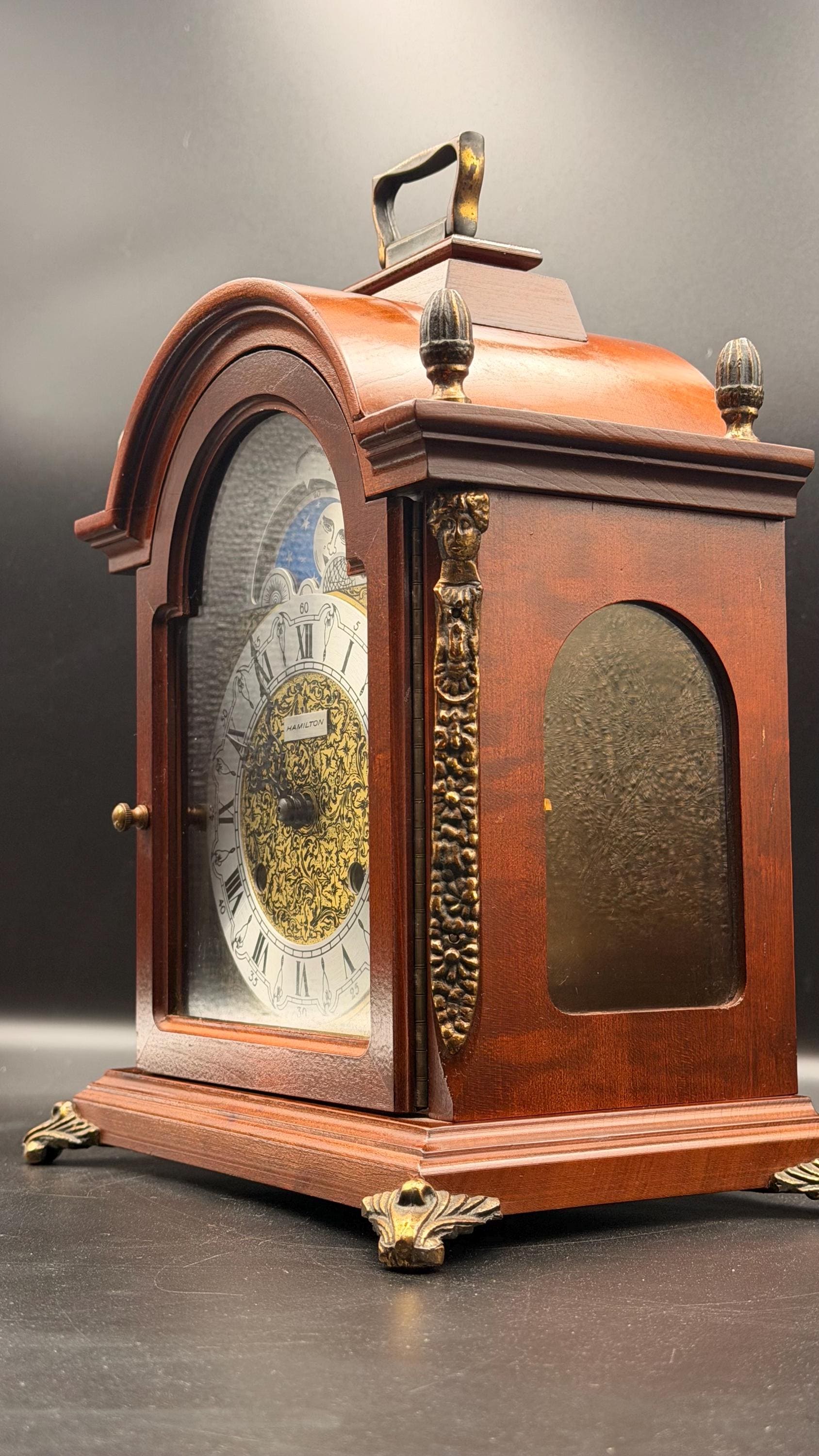 Hamilton Moon Phase Bracket Clock - Freshly Serviced – Bim Bam Bell Strike – Luxury Vintage Decor
