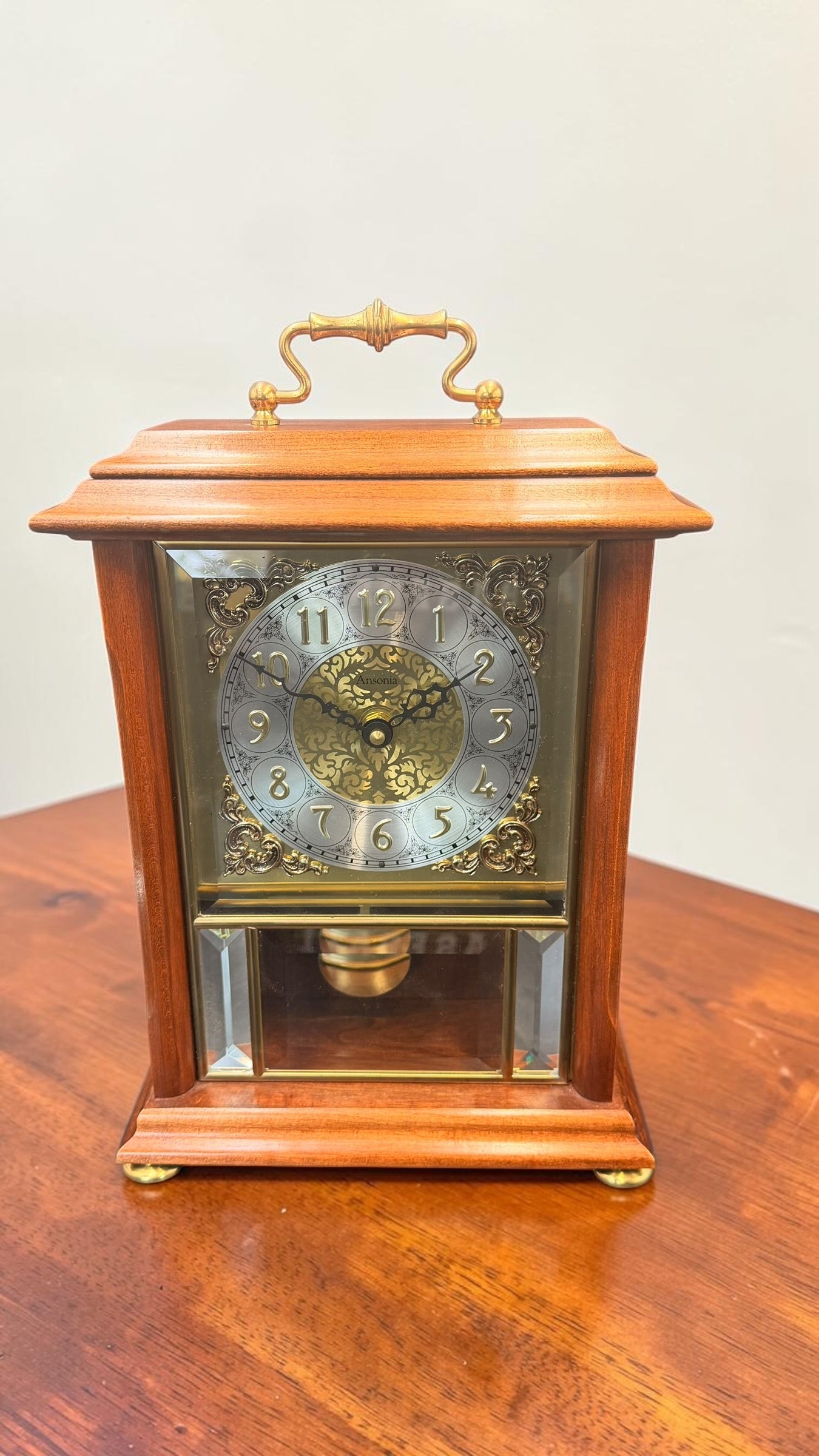 Ansonia Quartz Mantel Clock Time Only Pendulum Beveled Glass Traditional Shelf Clock