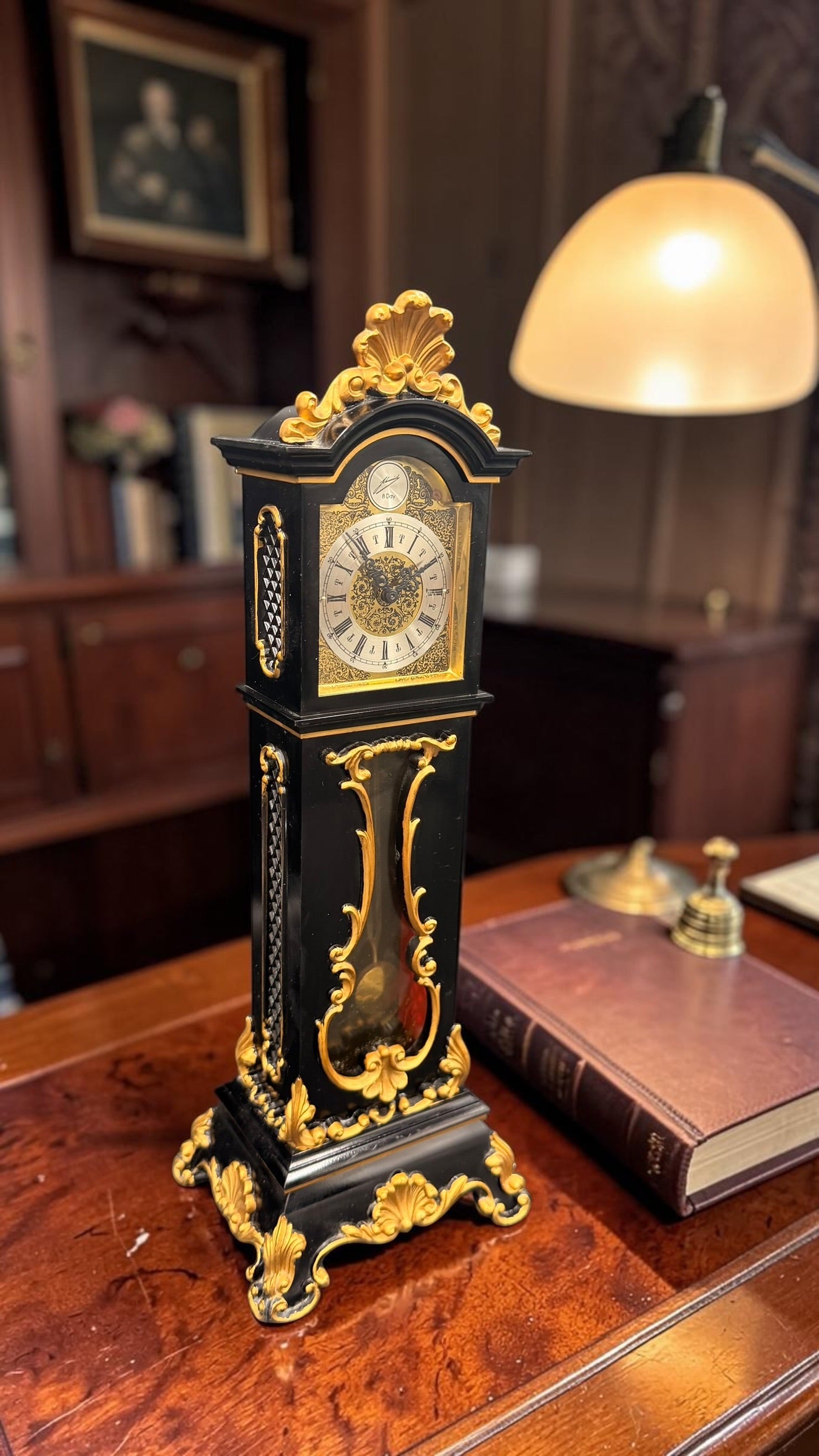 Vintage Schmid 8-Day Miniature Grandfather Clock – Black & Gold Rococo – West Germany – Mechanical Key Wind